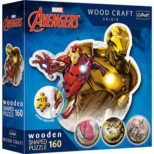 Trefl – Houten contourpuzzels: Marvel Avengers, Moedige Iron Man – 160 stukjes, Wood Craft, Onregelmatige Vormen, 10 Figuurtjes, Moderne Puzzel Premium, voor Volwassenen en Kinderen vanaf 9 jaar