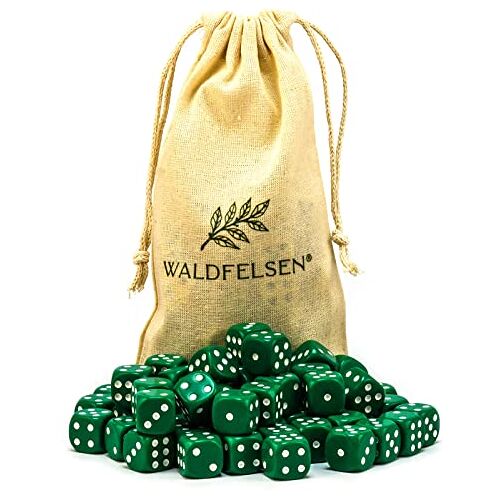 Waldfelsen 6,12, 20, 30 of 50 hoogwaardige dobbelstenen van ® standaardgrootte 16 mm acryldobbelstenen dobbelsteen dobbelsteen Dice 6-zijdig zeshoekige speelaccessoires set met stoffen zak (groen, 50 stuks)