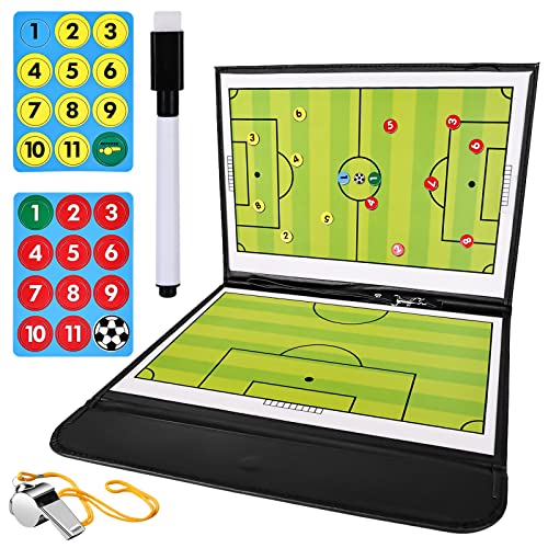 Acboor Tactisch bord, voetbal, draagbaar, inklapbaar, tactiekmap, voetbal coachen trainer, tactische folie, voetbal, magnetisch tactisch bord met markeerstift, magneet, scheidsrechterfluitje