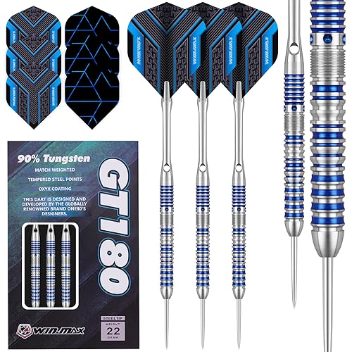 WIN.MAX Dartpijlen met metalen punt, 90% wolfraam, 3 stuks, 90% wolfraam, stalen darts 22 gram, professionele stalen pijlen met metalen punten, blauw