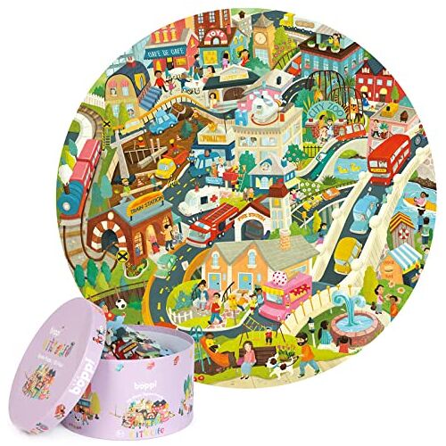 boppi Ronde legpuzzel 'Stadsleven' van  van 100% gerecycled karton, met dieren, voertuigen, gebouwen en mensen 150 stukjes voor kinderen van 3 t/m 8 jaar, diameter: 58 cm