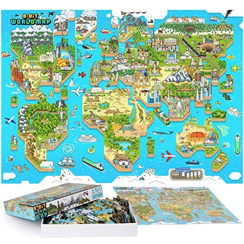 bopster Wereldkaart voor kinderen legpuzzels 180 stuk wereldkaart legpuzzel Retro gaming stijl 8-bit 100% gerecycled karton geografie geschenken legpuzzels voor kinderen door