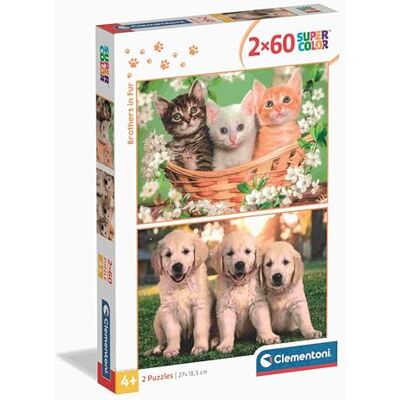 Clementoni Puzzel voor kinderen, 2 x 60 delen Supercolor, voor kinderen vanaf 4 jaar, illustratie katten, brothers in Fur, cadeau-idee, Made in Italy, 27 x 19 cm, 24820 Clementoni Puzzel voor kinderen, 2 x 60 delen Supercolor, voor kinderen vanaf 4 jaar, illustratie katten, brothers in Fur, cadeau-idee, Made in Italy, 27 x 19 cm, 24820