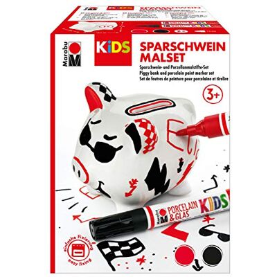 Marabu 012500000100 KiDS Porcelain & Glass Painter, spaarvarken schilderset, grappig porseleinen varken om te beschilderen en te versieren met porseleinen kleurstiften voor kinderen Marabu 012500000100 KiDS Porcelain & Glass Painter, spaarvarken schilderset, grappig porseleinen varken om te beschilderen en te versieren met porseleinen kleurstiften voor kinderen