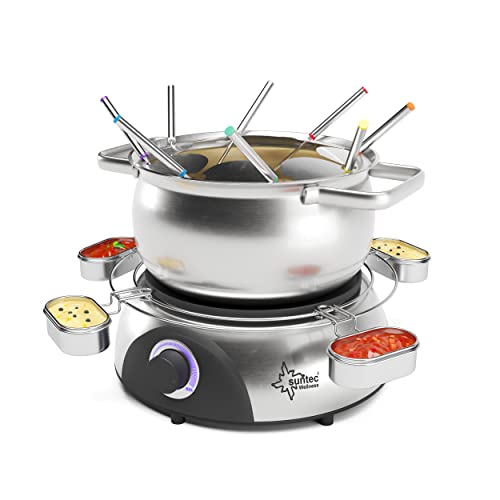 Suntec Wellness SUNTEC elektrische fondueset voor max. 8 personen – Set met vorken + spatscherm + sauzenhouder – Als alternatief voor raclette – Pan voor kaas + chocolade + olie – Rvs fondueset FON-8014 V2A