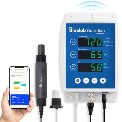 Bluelab Guardian Monitor inline wifi voor real-time metingen van pH, temperatuur en geleiding (TDS/PPM) in water met kalibratie, 3-1 digitale voedingsstofmeter voor inline doseersystemen Bluelab Guardian Monitor inline wifi voor real-time metingen van pH, temperatuur en geleiding (TDS/PPM) in water met kalibratie, 3-1 digitale voedingsstofmeter voor inline doseersystemen