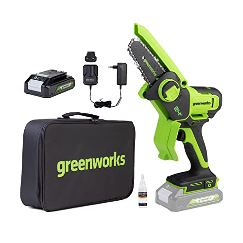 Greenworks 24V mini-kettingzaag 4 inch (10 cm) draadloze kettingzaag op batterijen met 2Ah batterij, 7,8 m/s kettingsnelheid elektrische kettingzaag voor boomtakken, tuinmaaien, binnenplaats en