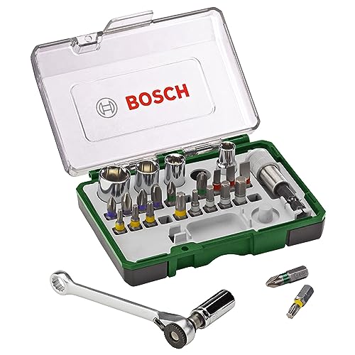 Bosch 27-delige schroefbit- en ratelschroevendraaierset (PH-, PZ-, zeskant-, T-, TH-, S-bit, accessoires boormachine en schroevendraaier), zilver