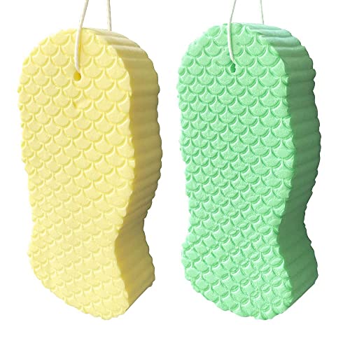 GIOTRIO 2 stuks peeling-badspons, 3D-badspons-doucheborstel, zachte badsponzen voor de douche, huidverwijderaar voor het lichaam, douchespons voor volwassenen baby's (groen en geel)