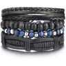 Armbanden set zwart leer en zilverkleurige kralen Blauw,Zilver,Zwart