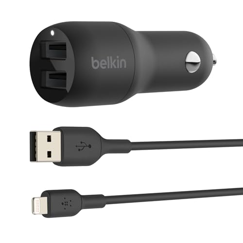 Belkin USB-autolader met 2 poorten, 24 W, Lightning-kabel (Boost Charge autolader, USB-autolader) iPhone 13, 13 Pro Max, 13 minimodellen en oudere modellen, iPad, AirPods-autolader