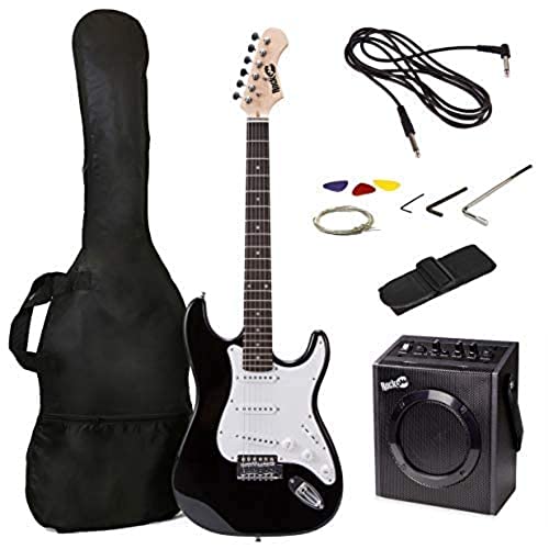 RockJam RJ20WAR2 superkit voor elektrische gitaar op ware grootte met gitaarversterker, gitaarsnaren, gitaartuner, gitaarriem, gitaarkoffer en kabel, zwart