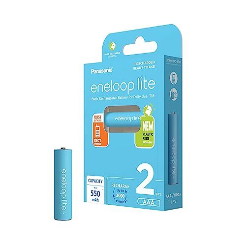 eneloop Panasonic  lite, AAA/Micro herlaadbare batterijen, Ready-to-Use, 2-pack, min. 550 mAh, oplaadbare batterijen in plasticvrije verpakking, Ni-MH batterij