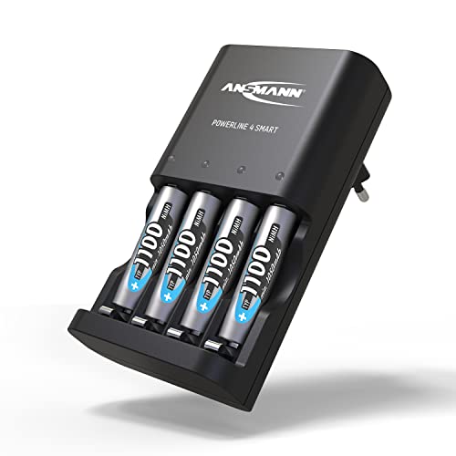 Ansmann batterijlader "Powerline 4 Smart" voor 1-4 AA en AAA oplaadbare batterijen incl. 4x  NiMH AAA 1100 oplaadbare batterijen batterijlader voor NiCd en NiMH