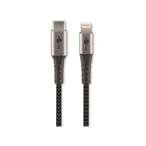 goobay 49272 Lightning naar USB C snellaadkabel, MFi Apple oplaadkabel Lightning-kabel, 480 Mbits iPhone-kabel, extreem robuuste textielkabel, oplaadkabel iPhone Apple iPad, grijs, 2 m