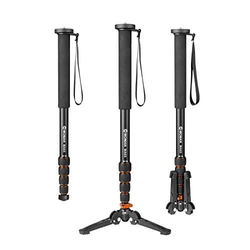 Moman MA65 Monopod statief met poten, aluminium reisstatief, DSLR monopod, compact, draagbaar, monopod, 5 secties tot 165 cm, laadvermogen 10 kg, zwart/oranje