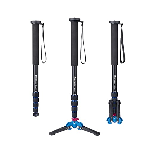 Moman MA65 Monopod statief met poten, aluminium reisstatief, DSLR monopod, compact, draagbaar, monopod, 5 secties tot 165 cm, laadvermogen 10 kg, zwart-blauw