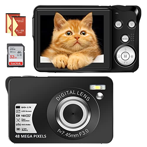 SINEXE Digitale camera, 48 MP, 2,7 K, digitale camera voor kinderen, tieners, beginners, compacte camera, 16 x digitale zoom, mini-camera, 2,7 inch lcd-beeldschermcamera (zwart)