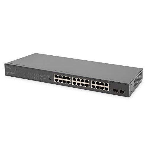 Digitus 26-poorts Gigabit PoE Ethernet Network Switch Unmanaged 24 RJ45-poorten + 2 SFP-poorten 370W PoE-budget 19 Inch Form Factor Zwart