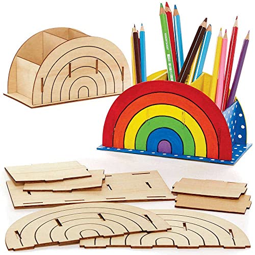 Baker Ross FC775 Regenboog Houten Pennenpotjes Set van 3, Houten Ambachten Kantoorbenodigdheden voor Kinderen, Kunst en Handvaardigheid voor Kinderen