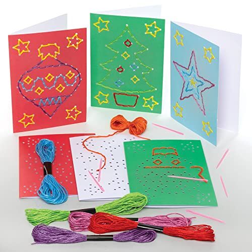 Baker Ross FE942 Kerst borduur kaarten sets Pak van 6, maak je eigen kerstkaarten, inleiding tot rijgen voor beginners, educatief handwerk voor kinderen