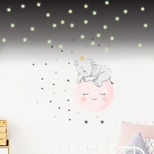 Ambiance Sticker Muurstickers voor kinderen, decoratie voor babykamer, muursticker voor kinderen, motief: olifanten op de maan, 30 sterren (80 x 60 cm) + 100 stickers lichtgevende sterren