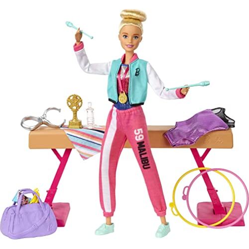 Barbie GJM72  turnpop speelset met pop, evenwichtsbalk, 15+ accessoires