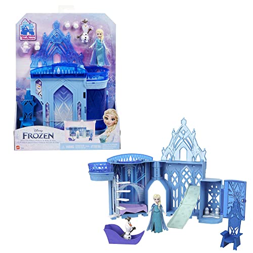 Disney Speelgoed, Stapelbaar kasteel van Elsa, poppenhuisspeelset met kleine pop en 8 onderdelen, geïnspireerd op de  films, reisspeelgoed en cadeaus voor kinderen, HPR37