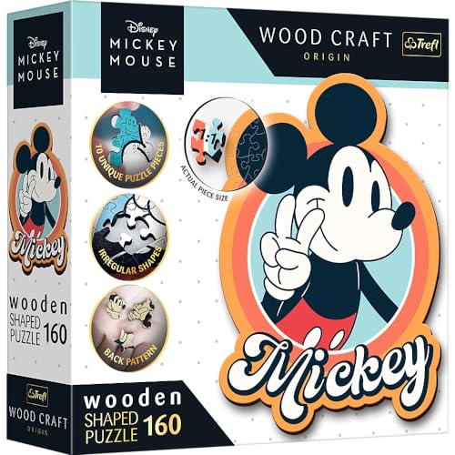Trefl – Houten contourpuzzels: Disney, Retro Mickey Mouse – 160 stukjes, Wood Craft, Onregelmatige Vormen, 10 Figuurtjes, Moderne Puzzel Premium, voor Volwassenen en Kinderen vanaf 9 jaar