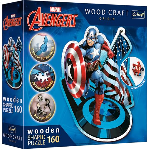 Trefl – Houten contourpuzzels: Marvel Avengers, Onverschrokken Kapitein Amerika – 160 stukjes, Wood Craft, Onregelmatige Vormen, 10 Figuurtjes, voor Volwassenen en Kinderen vanaf 9 jaar