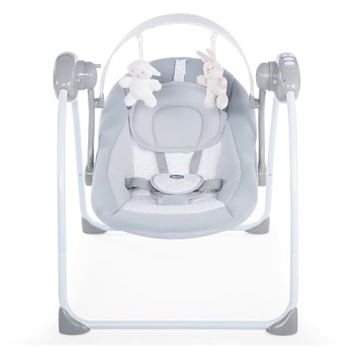 Chicco Relax & Play Elektrische Wipstoel voor Baby´s vanaf 0 Maanden tot 9 kg, Wipstoeltje en Schommel met 5 Snelheden, Speelboog met 12 melodietjes en 2 Pluche Speeltjes, Compact Opklapbaar Grijs