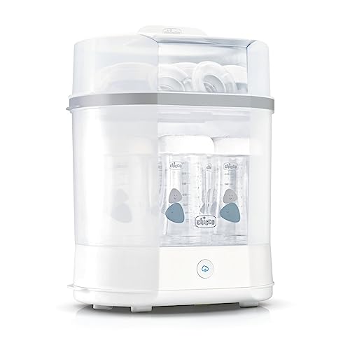 Chicco Stoomsterilisator, sterilisator, babyfles, borstkolf en fopspeen, met 3 configuraties en automatische uitschakeling, magnetronbestendig, sterilisator voor maximaal 6 babyflessen à 330 ml, wit