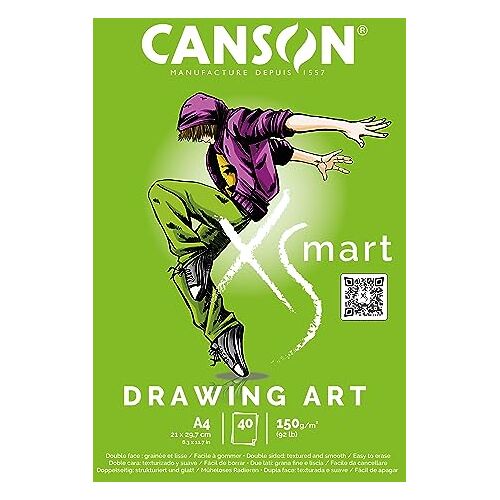 Canson XSmart Tekenpapier, wit, dubbelzijdig: gestructureerd en zacht, 150 g/m², langzijdig plakblok, A4-21 x 29,7 cm, wit, 40 vellen