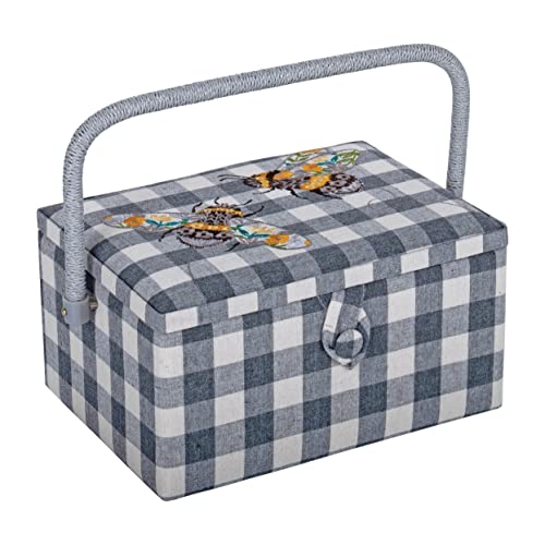 Hobby Gift Medium naaien ambachtelijke hobby opbergdoos, geborduurde grijze gingham bijen