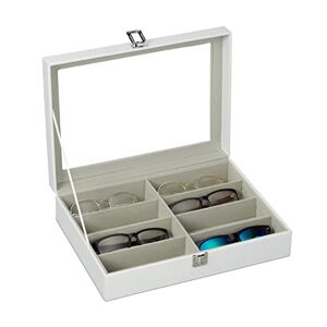 Relaxdays brillendoos voor 8 brillen, opbergdoos zonnebrillen, 8,5x 33,5x24,5 cm, kunstleer, organizer, wit