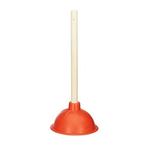 Relaxdays gootsteenontstopper, 30 cm, voor douche, toilet, van rubber & hout, rioolontstopper, plopper, rood/naturel