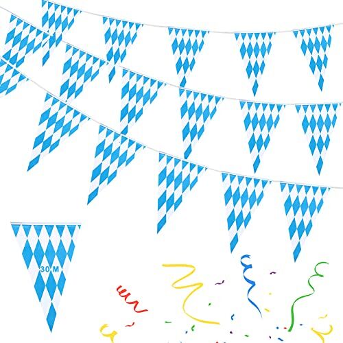 通用 Oktoberfest decoratieve wimpels, slinger, 30 m, Beierse decoratie, Beierse vlaggetjesslinger Beierse Wiesn blauw-wit driehoek banner voor feest (3 stuks), 22 x 13 x 3 cm, 22 x 13 x 3 cm