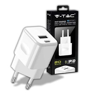 V-TAC Snellader 20 W USB-C voor iPhone Samsung Mini Ultra snelle oplader voor smartphone Dual USB type C en USB A voor iPhone 11/12 / 13/14 / PRO/MAX en S21 / S22