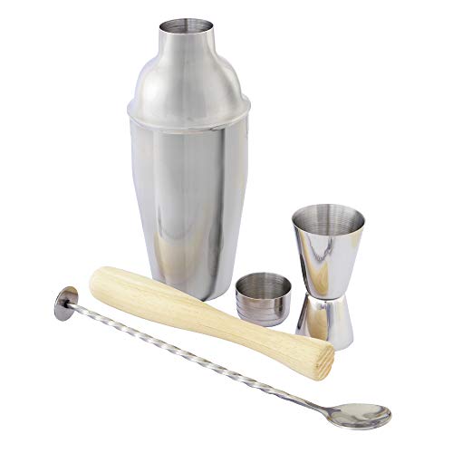 Point-Virgule cocktail set met cocktail shaker, barlepel, jigger en cocktail stamper, 4-delige cocktail shaker set uit RVS