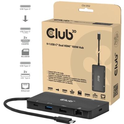 Club 3D 9-1 Dual HDMI Display USB-C Hub PD3.0 100W dockingstation Club 3D 9-1 Dual HDMI Display USB-C Hub PD3.0 100W dockingstation