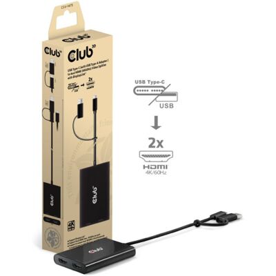 Club 3D USB-C naar USB-A adapter naar 2x HDMI splitter Club 3D USB-C naar USB-A adapter naar 2x HDMI splitter