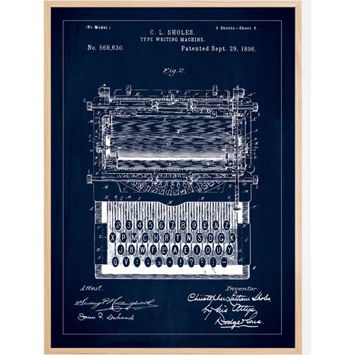 Bildverkstad Patenttekening - Typmachine - Blauw Poster