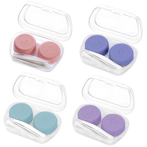 Sliverdew 4 stuks contactlenzenhoesjes, draagbare contactlenzen, doos, contactlenscontainer voor reizen, links/rechts ogen, contactlenzenhouder met opbergdoos pincet, grijs paars + blauw + groen +