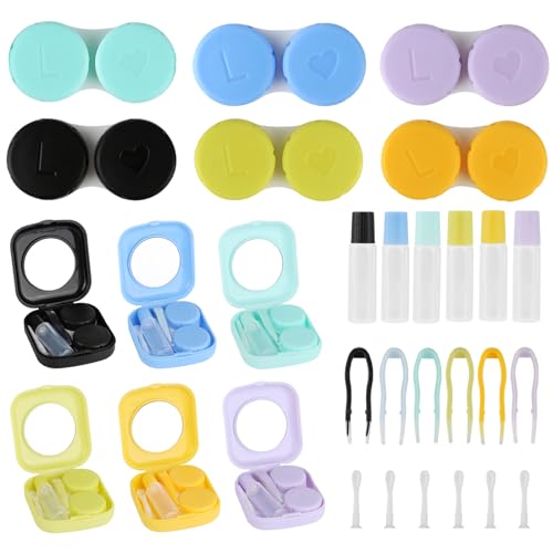 AILUYA 6 stuks contactlenzenhouders, kleurrijke contactlenzendoos, draagbare hygiënische contactlenzen-applicator, contactlenzenhouder, reisset met spiegelfles, pincet, contactlenzen, accessoires voor