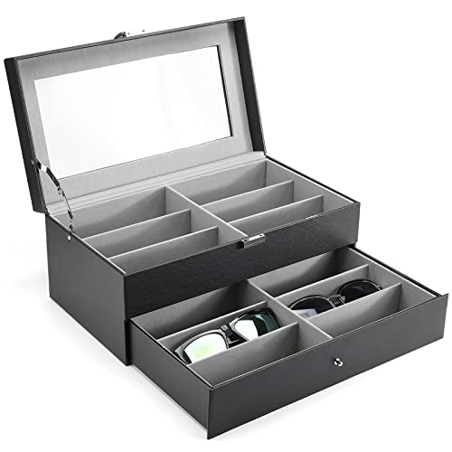 ProCase 2 lagen brillenkoker 12 zonnebril-organizer displaybox opbergdoos brillenhouder van leer brillenkoker brillenkoker met glazen deksel zwart