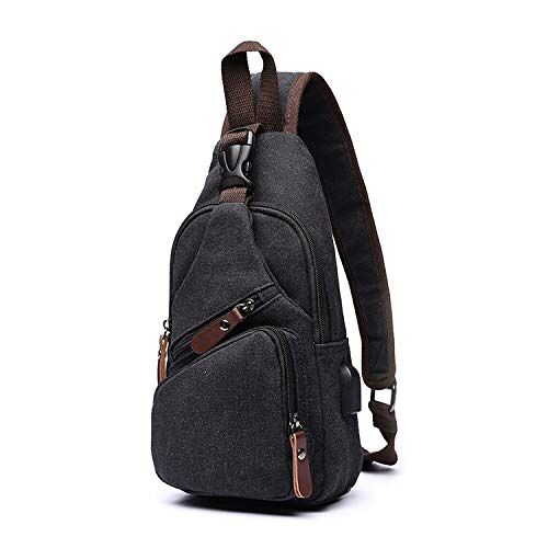 FANDARE Modieuze borsttas voor heren, canvas tas, schoudertas met USB, schoudertas, slingtas voor fietsen, avontuur, reizen, zwart., L