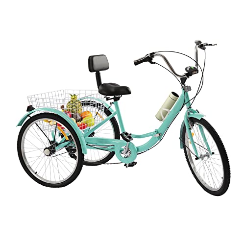 WUPYI2018 Driewieler voor volwassenen, 24 inch (ca. 61 cm), fiets met mand, 3 wielen, fiets met rugleuning en bekerhouder voor volwassenen, tricycle, driewieler