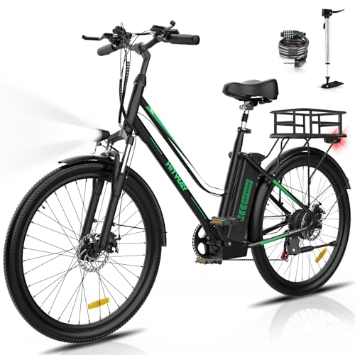 HITWAY Elektrische fiets voor dames en heren, 26 inch (66 cm) stadsfiets, met 250W motor, Shimano 7 versnellingen, 36V 11,2Ah uitneembare lithium-accu 35-90 km