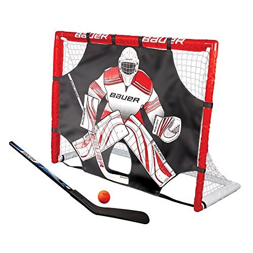 Bauer Street Hockey Goal Set incl. Shooter, Rackets & Ball I Outdoor/Indoor-Tor I poort met puckwand I Pvc-frame I poort voor hockeyballen en pucks I Streethockey Training I Feldhockey Red