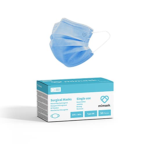 MiMask Europese medische chirurgische maskers type IIR (50 stuks), Blauw, 99% BFE, EU-norm EN-14683:2019+AC:2019